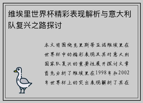 维埃里世界杯精彩表现解析与意大利队复兴之路探讨